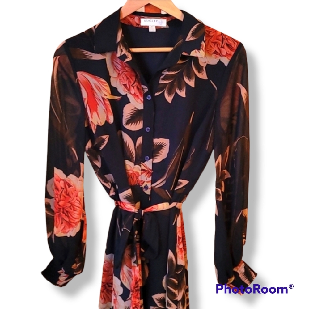 Atelier Blue Button Down Dark Floral Dress - Picture 2 of 11
